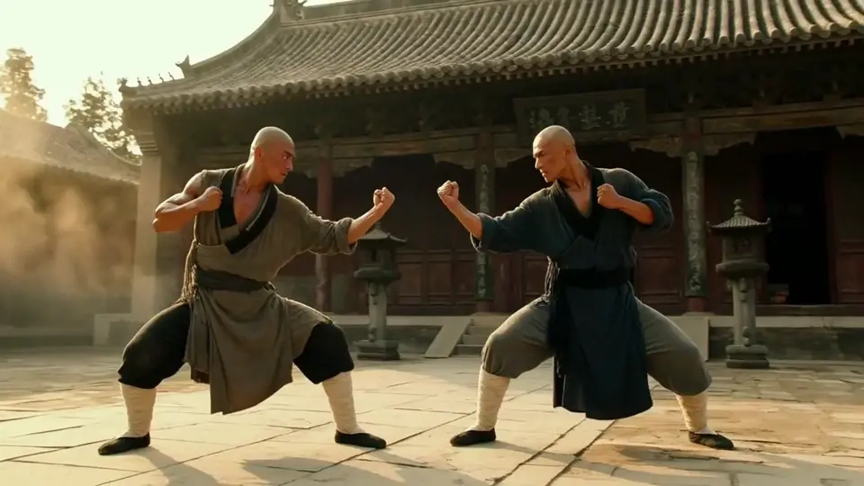 Shaolin choreography in a temple courtyard