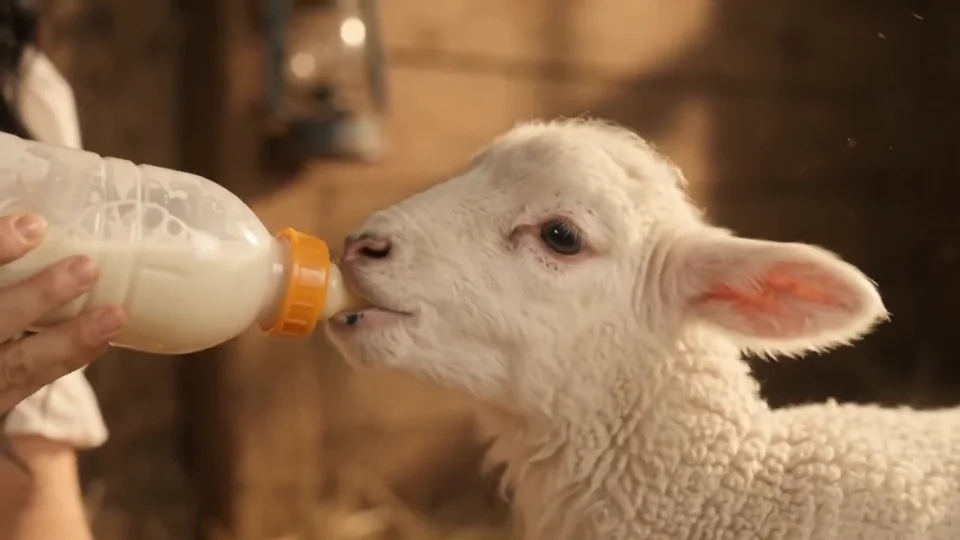 A gentle lamb feeding scene