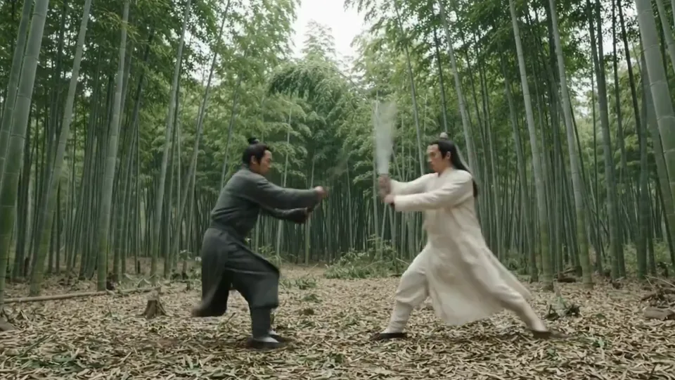 Martial arts duel in a bamboo forest