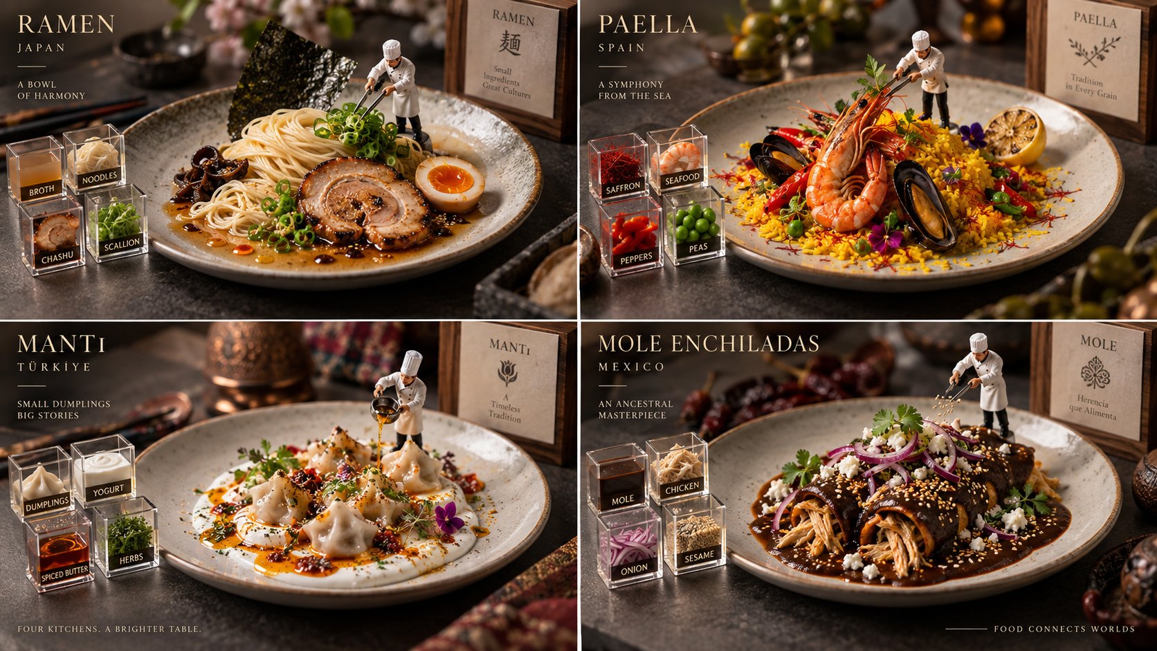 Four world cuisines as miniature culinary dioramas