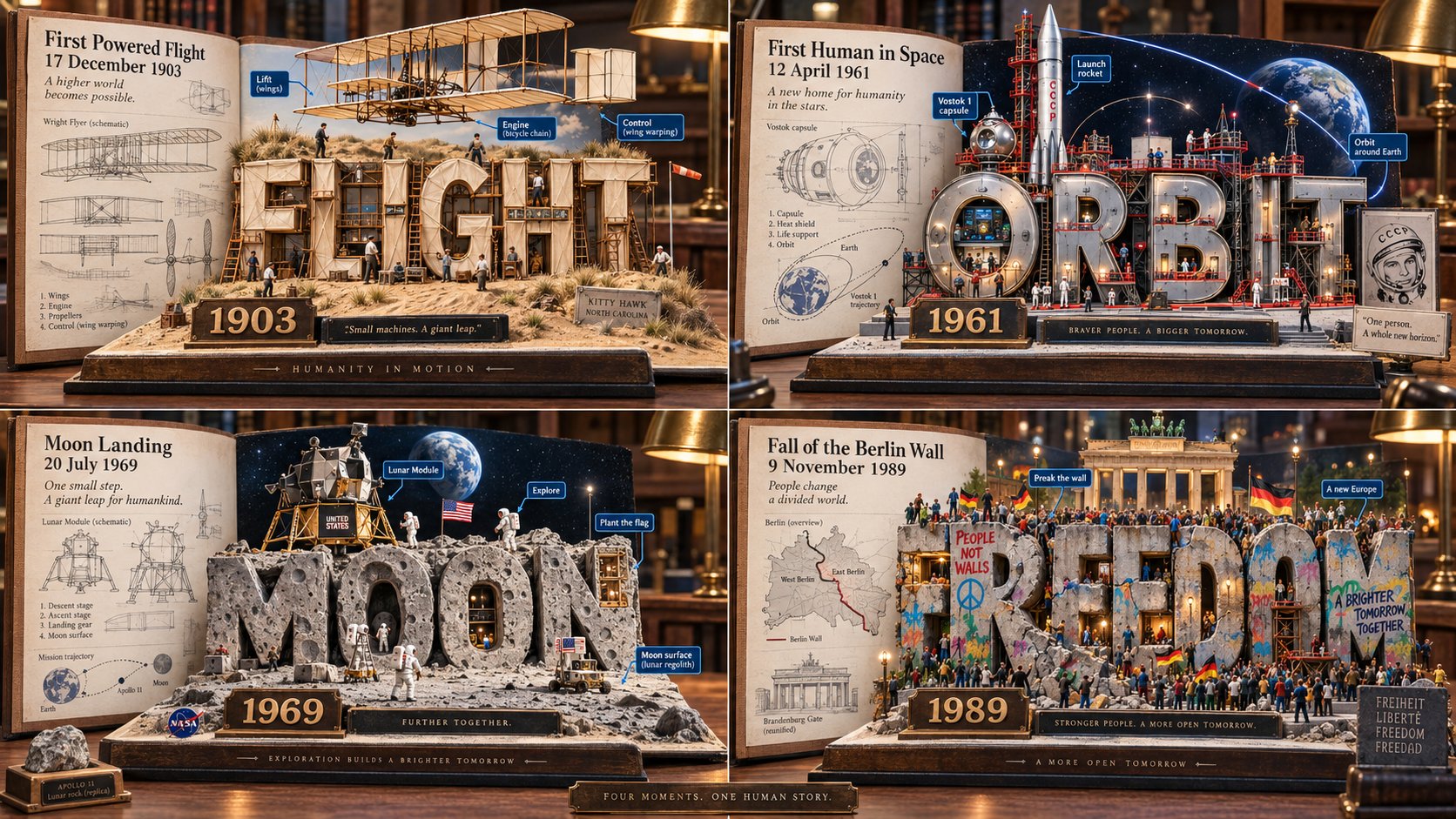 Four historic milestones as miniature diorama scenes