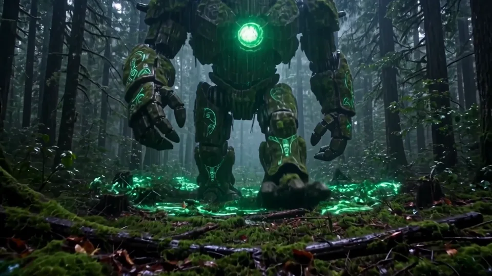 Glowing forest robot in a cinematic fantasy scene